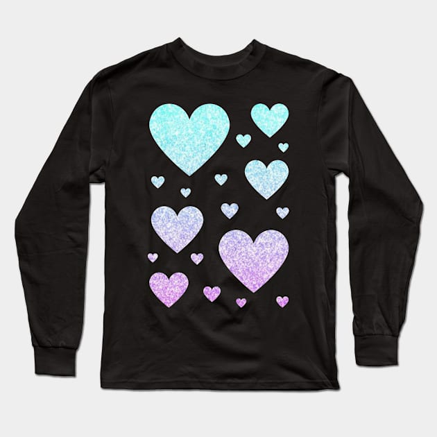 Pastel Blue and Purple Ombre Faux Glitter Hearts Long Sleeve T-Shirt by Felicity-K